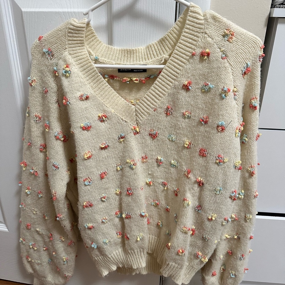 SHEIN Cream V-Neck Sweater with Multicolor Accents